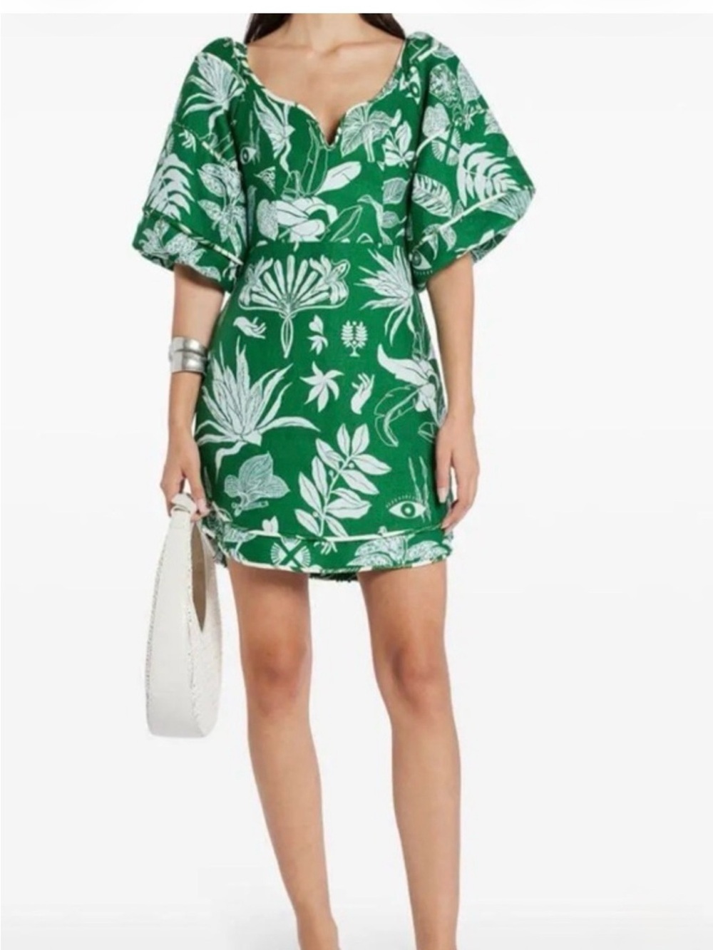 FARM Rio Green Botanical Puff-Sleeve Mini Dress